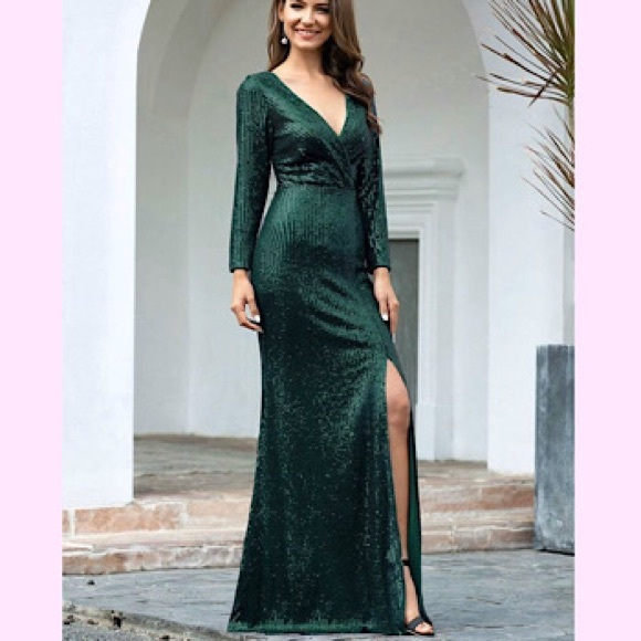 🆕 Shiny V Neck Long Sleeve Sequin Evening Dress - Picture 3 of 4